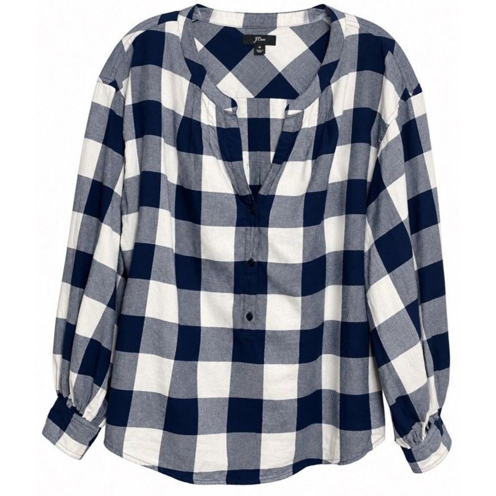 J. Crew Women’s Medium Buffalo Plaid Blouse Navy White Cotton Flannel Shirt